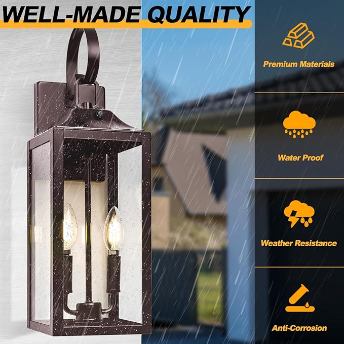 Oil Rubbed Bronze Dusk to Dawn Outdoor Wall Lighting, 19" Large Outside Modern Wall Sconce Lantern, Industrial Porch Light Wall Mount, Waterproof Farmhouse Exterior Lamp 2-Light Brown, 2 Pack