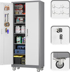 71" H×32" W×16" D Garage Storage Cabinet with Wheels & Pegboard, Locking Metal Storage Cabinet with Doors and 5 Adjustable Shelves & 4 Hooks for Garage Warehouse Home Office, White and Gray