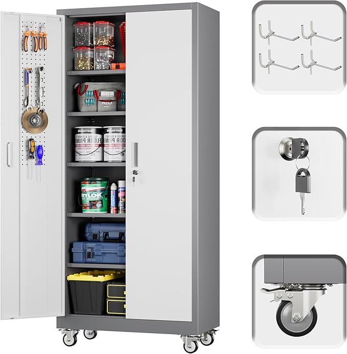 71" H×32" W×16" D Garage Storage Cabinet with Wheels & Pegboard, Locking Metal Storage Cabinet with Doors and 5 Adjustable Shelves & 4 Hooks for Garage Warehouse Home Office, White and Gray