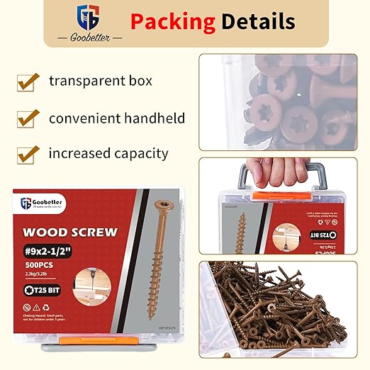 Deck Screws 2 1/2 inch, 500 Pcs Wood Screws #9 x 2-1/2", Rust Resistant, Construction Fence Exterior Screws, Torx Head Drive, 2 Pcs T25 Star Bits Included, Brown