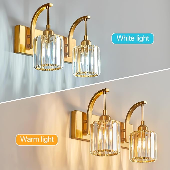 Bathroom Crystal Vanity Lights 2-Light Gold Wall Lamp Modern Crystal Bathroom Light Fixtures Over Mirror 13.77" Long Wall Sconce