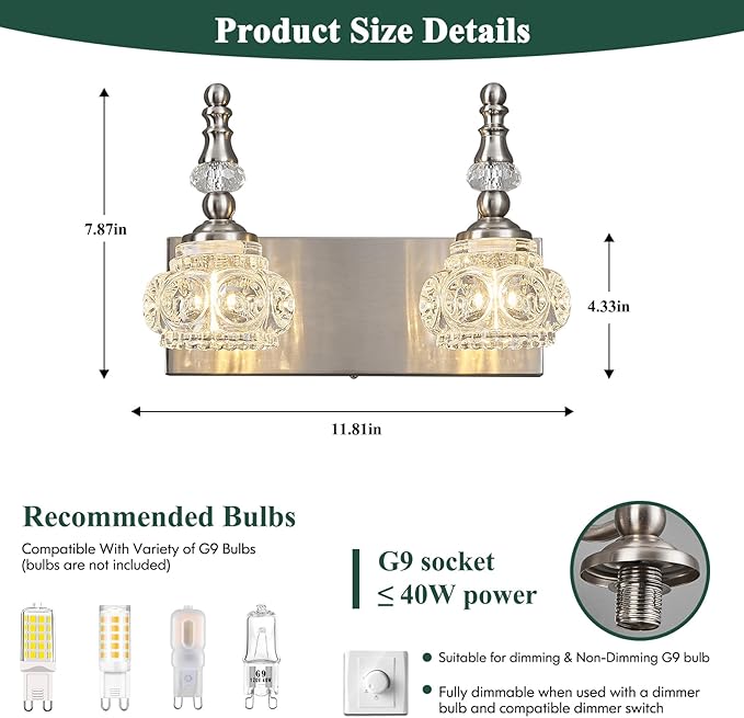 Modern Glass Crystal Vanity Light - Vintage Bathroom Lighting Fixtures Over Mirror, 2 Light Vanity Lights G9 Bulb (11.81 Inch, Nickel)