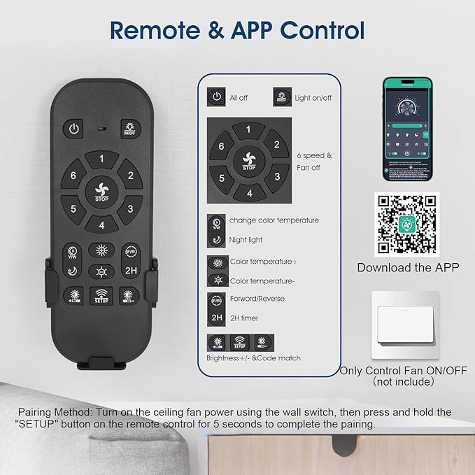 52 Inch Ceiling Fans with Lights and Remote/APP Control, Modern Ceiling Fan for Bedroom Living Room Patio Porch Indoor Outdoor, 6 Speeds, Reversible Quiet Motor, 8 Wood Blades, Black