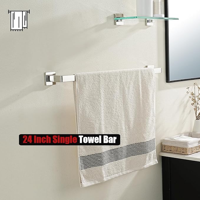 JQK Polished Towel Bar, Rounded Edges 26.41 Inch Towel Rack, 304 Stainless Steel Bathroom Wall Mount, Useable Length 24 Inch, TB250L24-CH