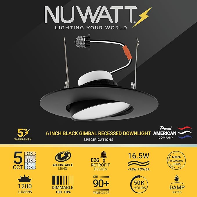 NUWATT 6 Inch 6 Pack Black Trim Retrofit Gimbal LED Recessed Downlight, High Lumen, 1200lm, 16W, Selectable 5CCT 2700K/3000K/3500K/4000K/5000K Dimmable, Adjustable Lens Eyeball Light, ETL Listed