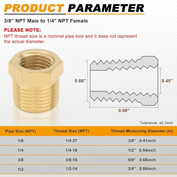 KOOTANS 4pcs Heavy Duty 3/8 NPT Male Thread to 1/4 NPT Female Thread Brass Reducer Hex Bushing Brass Fitting Pipe Hose Tube Adapter Convert
