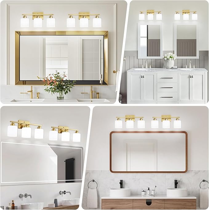 3 Light Gold Bathroom Light Fixtures, Modern Bathroom Vanity Lights with Milky White Frosted Glass Shades, Gold Vanity Mirror with Lights for Mirror Living Room E26 Base