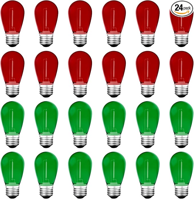 S14 Colored LED String Light Bulbs, 24-Pack 1W Plastic Shatterproof Waterproof Outdoor Indoor Replacement Bulbs for Home Decor, E26 Medium Screw Base, Red and Green Christmas Bulbs