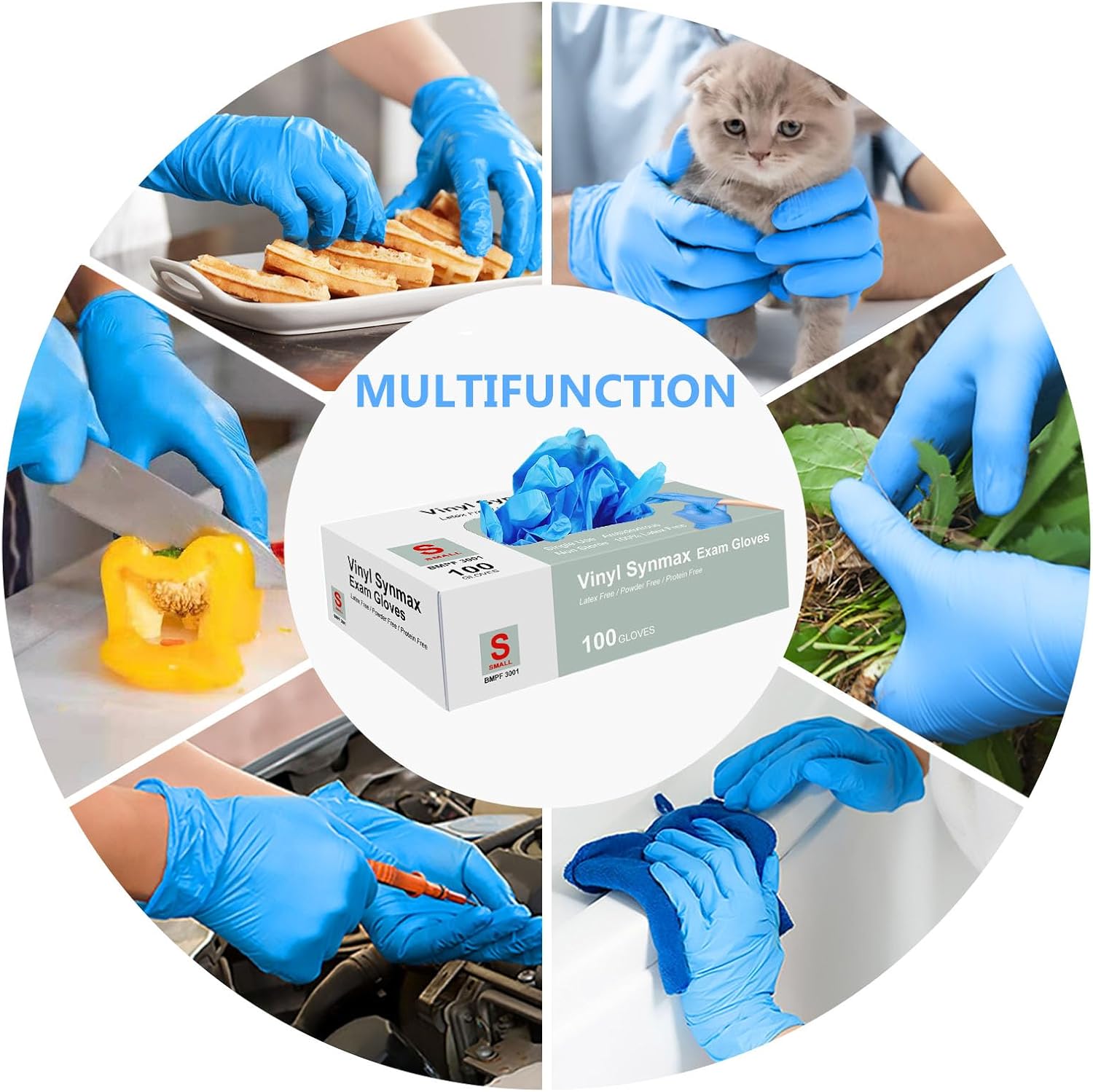 squish Disposable Gloves, Blue 4 mil Vinyl Synmax Exam Gloves Non Sterile, Powder Free, Latex Free - Cleaning Supplies, Kitchen and Food Safe(Pack of 100) (Blue Small)