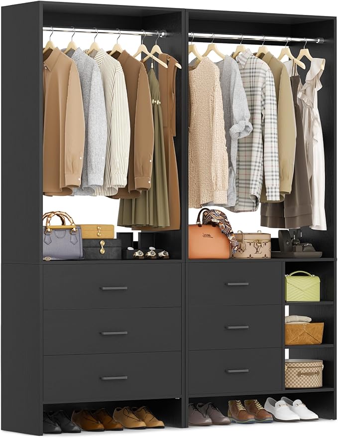 Aheaplus Closet System with 6 Drawers, 4.5ft Wood Closet Organizer System, Walk-in Closet or Small Closets Wardrobe, Clothes Rack with Hanging Rods, Set of 2 Black