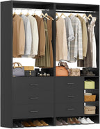 Aheaplus Closet System with 6 Drawers, 4.5ft Wood Closet Organizer System, Walk-in Closet or Small Closets Wardrobe, Clothes Rack with Hanging Rods, Set of 2 Black