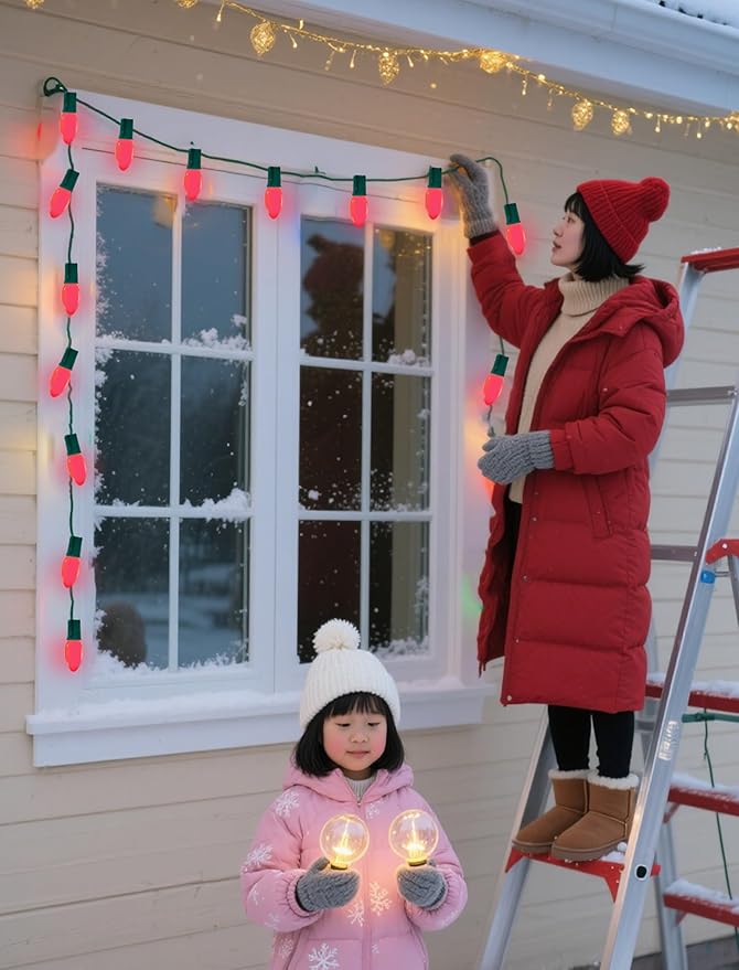 C9 Red Christmas Light Bulbs, 25 Pack C9 Incandescent Replacement Bulbs for Christmas String Light, E17 Intermediate Base, 7Watt Night Lights Bulbs