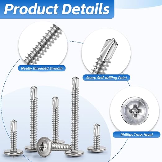 200PCS Sheet Metal Self-Drilling Screws Assortment Kit - #8 Truss Head Stainless Steel Self-Tapping Screws, 6 Sizes (1/2" to 1-1/2") for Sheet Metal, Auto & Roofing