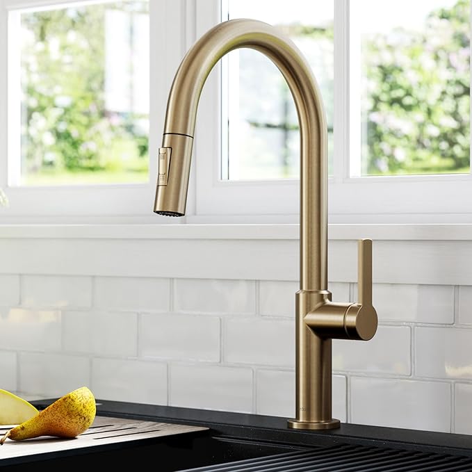 KRAUS Oletto Single Handle Pull Down Kitchen Faucet in Spot Free Antique Champagne Bronze, KPF-2820SFACB