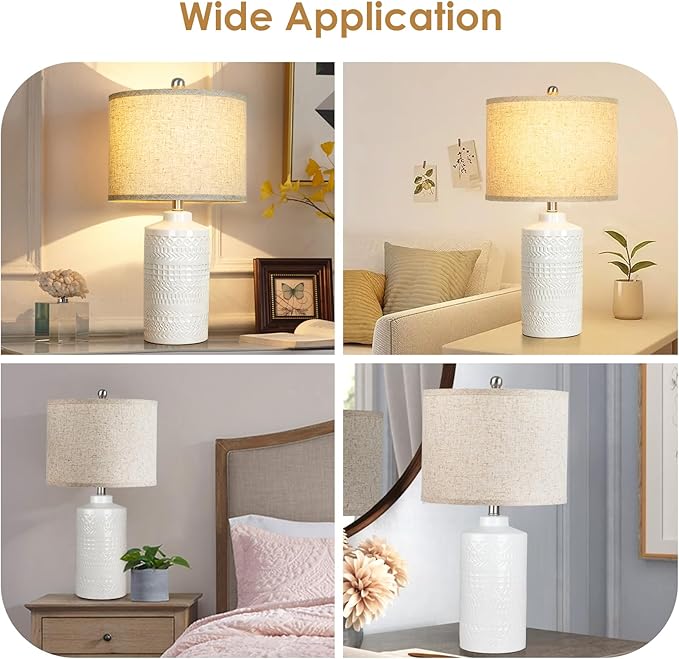 White Ceramic Table Lamp with Beige Shade: 3-Way Dimmable Night Stand Light Lamp 24.5" Modern Table Lamps for Living Room Bedroom End Table Office Entryway Lamps (Bulb Included