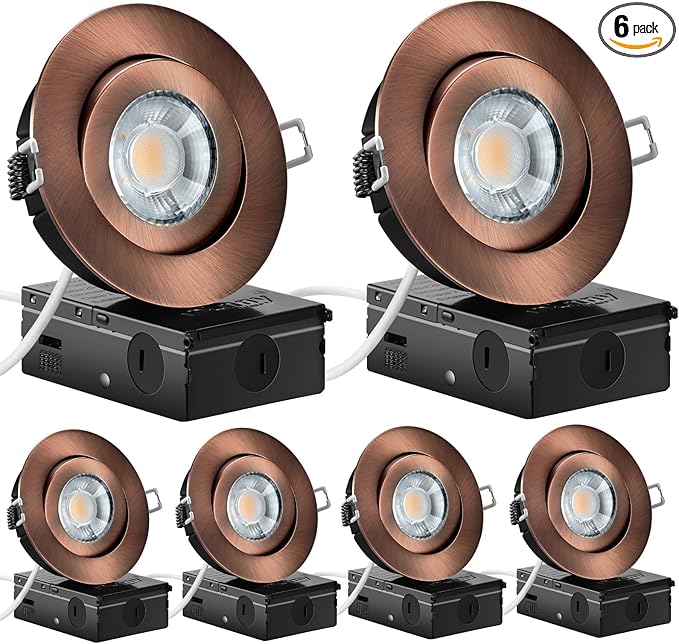 Bronze 4 Inch Led Recessed Lights 6 Pack, Eyeball Gimbal Soffit Lights with Junction Box,5CCT Selectable,9W 750LM