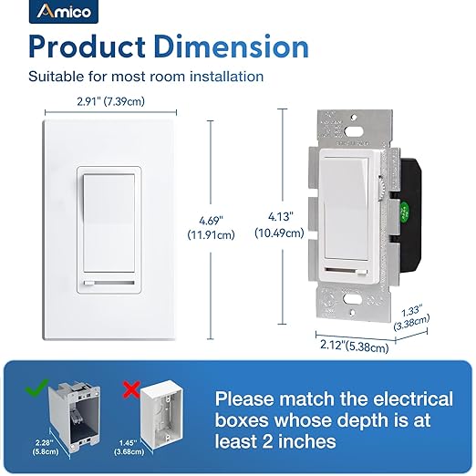 Amico 12 Pack Dimmer Light Switch, Single-Pole or 3-Way Slide Dimmer Switches for Led Lights, Suitable for 150W Dimmable LED/CFL Lights and 600W Incandescent/Halogen, Wall Plate Included, White