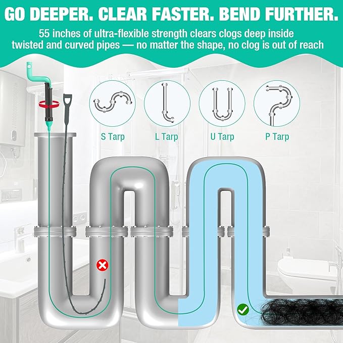 55inch Steel Core Drain Clog Remover Tool With Rotating Handle, Slim Snake Drain Hair Removal Tool For Narrow Pipes, Sinks, Showers, Toilets, Clears Hair, Blockages With Sink Drain Cleaner (5pcs)