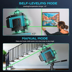 16 Line Laser Level 360 Self Leveling, 4x360°Professional 4D Green Cross Line laser Level with 2 Batteries, Adjustable Brightness & Remote Control, for Tiling Floor Construction and Picture Hanging