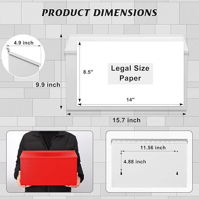 KYODOLED Wall-Mount Mailbox, Large Capacity Mail Box, Galvanized Steel Rust-Proof Metal Post Box, Mailboxes for Outside,15.7"x9.9"x4.9" White