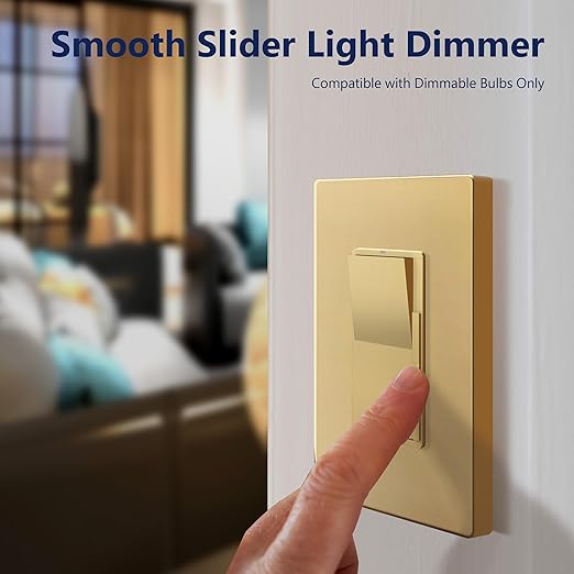 LIDER Dimmer Paddle Switch for Dimmable 300W LED/CFL Lights, 1-Pole or 3-Way, 120 V, Modern Upgrade, UL Listed, Screwless Wall Plate Included, Gold
