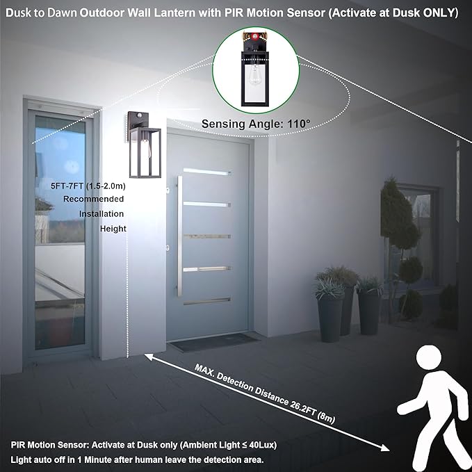 GRUENLICH Dusk to Dawn Large Outdoor Wall Lantern, PIR Motion Sensor Wall Sconce, E26 Base Max 60W, Metal Housing Plus Glass, Oil Rubbed Bronze Finish, Bulb Not Included, 2-Pack