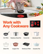 VEVOR Built in Electric Stove Top, 30 inch 4 Burners Ceramic Cooktop, 240V Glass Radiant Cooktop with Sensor Touch Control, Timer & Child Lock Included, 9 Power Levels for Simmer Steam Slow Cook Fry