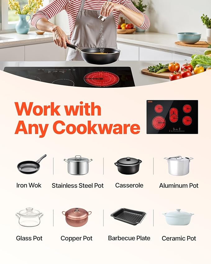 VEVOR Built in Electric Stove Top, 30 inch 5 Burners Ceramic Cooktop, 240V Glass Radiant Cooktop with Sensor Touch Control, Timer & Child Lock Included, 9 Power Levels for Simmer Steam Slow Cook Fry