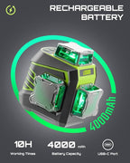 LasGoo Laser Level 3x360° Self Leveling, 3D Green Cross Line Laser for Construction and Picture Hanging, Rechargeable Battery, Remote Control, Magnetic Rotating Stand Included - LG-3Dx