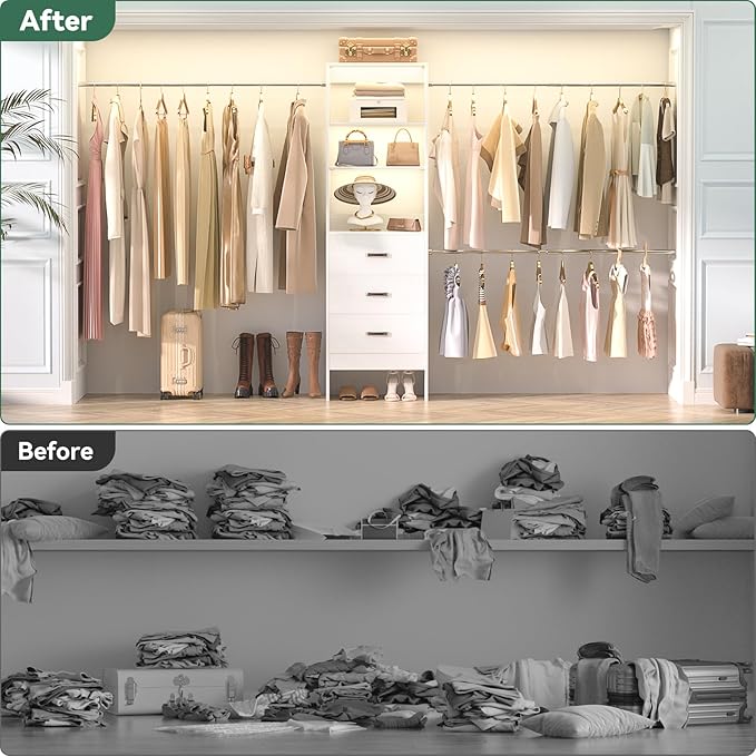 96'' Closet Organizer System with 3 Hanging Rods (Without 3 Storage Shelves), 8FT Closet Systems, Wall Mount Bedroom Wardrobe with 3 Wood Drawers, Adjustable Garment Rack from 5 to 8FT, White