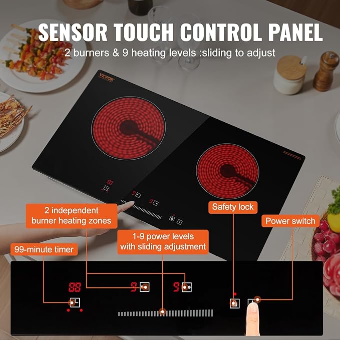 VEVOR Electric Radiant Cooktop, 24in 2 Burners Built-in Electric Stove Top, 1800W Ceramic Top Cooktop with Glass Panel, Touch Control, 9 Heat Level, Residual Heat Indicator,Timer, Child Lock, 120V