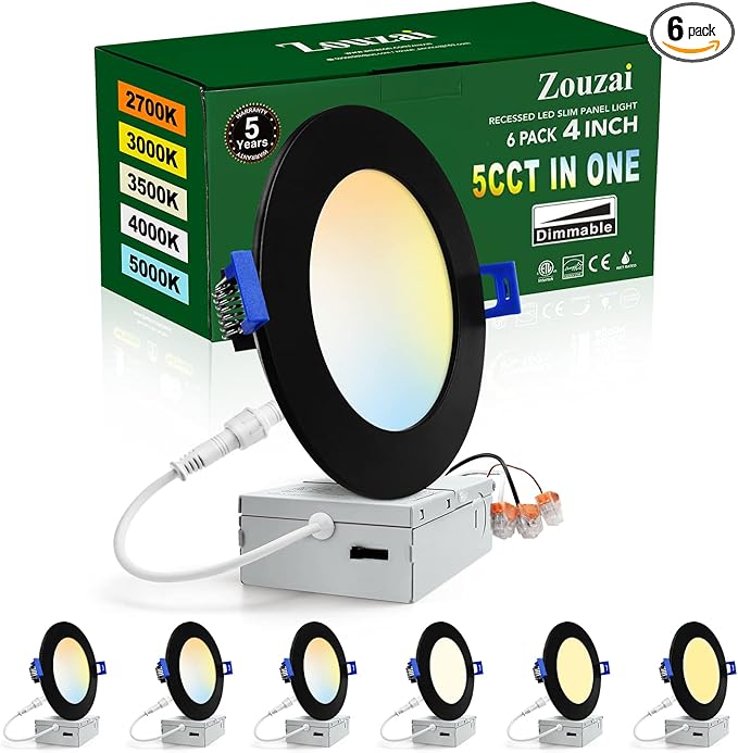 zouzai 4 Inch Black 5CCT Reset Ultra-Thin LED Recessed Ceiling Light with Junction Box, 2700K/3000K/3500K/4000K/5000K Selectable, 9W, Dimmable-ETL and Energy Star Certified【6 Pack 】
