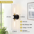 2 Pack 22-Inch Gold and Black Wall Sconces Set of Two, 22" Vanity Lights for Bathroom with Clear Glass, Sconces Hardwired Black and Gold Bathroom Sconces Set of 2 for Mirror Living Room