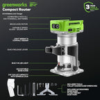 Greenworks 24V Cordless Trim Router, Variable Speed Brushless Motor Compact Palm Router with 2Ah Battery and Charger