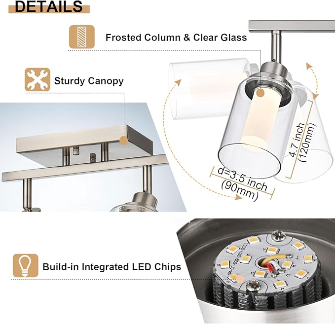 4-Light LED 5-Color Temperature Track Lighting Fixtures in Brushed Nickel, Ceiling Spotlight Bathroom Wall Lighting with Integrated LED Chips & Clear Glass Shade & Frosted Column
