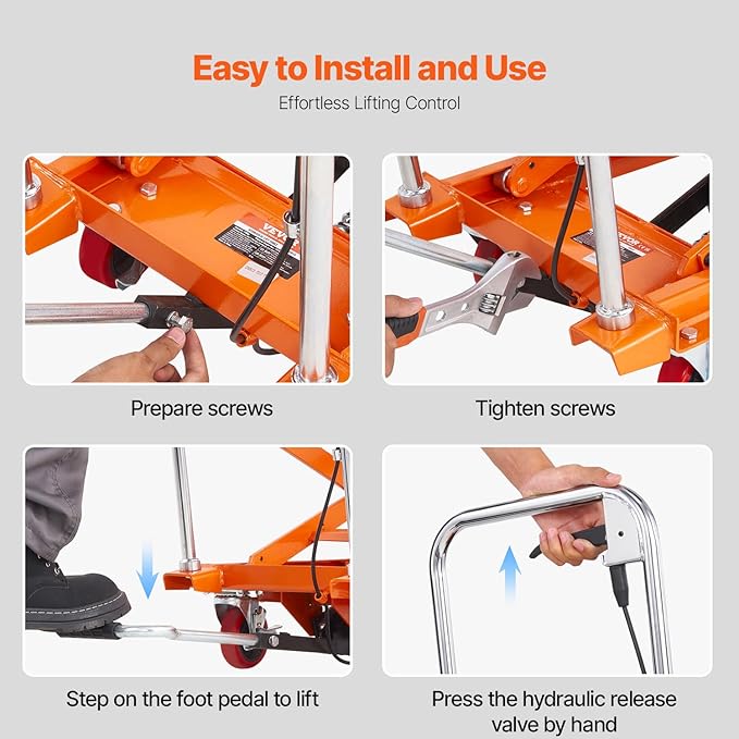 VEVOR Hydraulic Lift Table Cart, 330lbs Load Capacity 50 Inch Lifting Height, Manual Single Scissor Lift Table with Non-Slip Pad and 4 Wheels, Hydraulic Scissor Cart for Material Handling, Orange