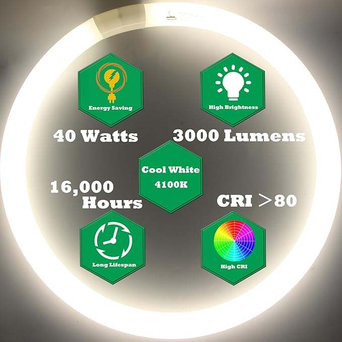 FC12T9/CW 32W and FC16T9/CW 40W Cool White Set, Round Fluorescent Light Bulb 12 inch T9 32 Watts & 16 inch 40 Watts Circular Bulb, Circline Kitchen and Bath Light Bulbs, 4100K, G10q 4 pin Prong