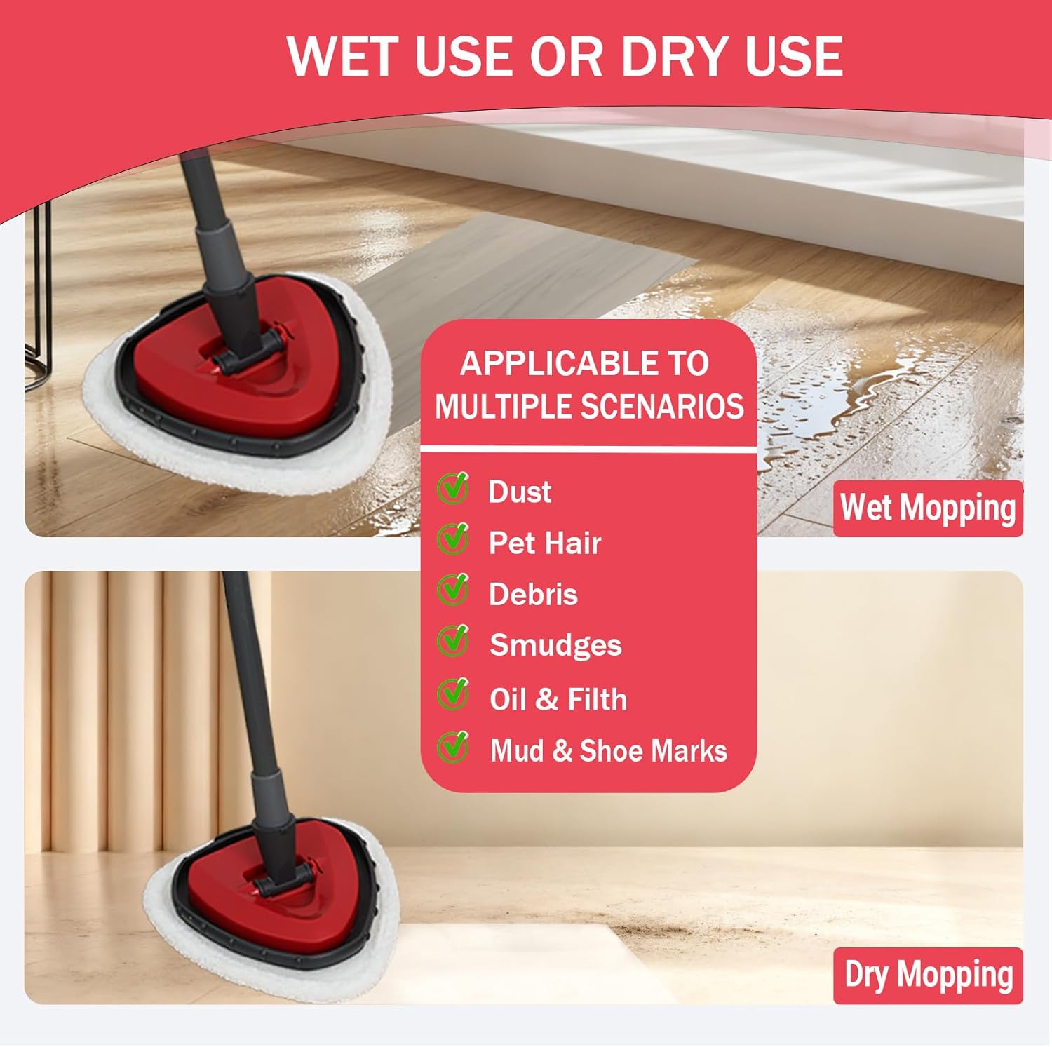 Triangule Flat Mop Replacement Pads, Spin Mop Pad Replacement, 8 Pack Mop Refill Pads, 1 Mop Base and 1 Scraper for Cleaning Floor, Wall, Ceiling, Easy to Replace