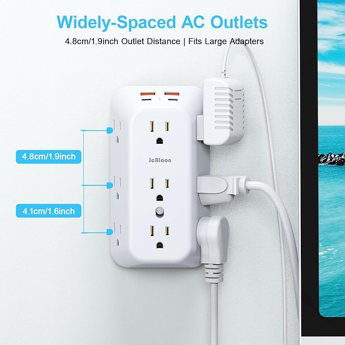 Outlet Extender Wall Charger with Multi Plug Adapter 9 AC Outlets 4 USB Charging Ports 1875W 1050J Surge Protector Power Strip Spaced Splitter for Home, Travel, Dorm Room Essentials