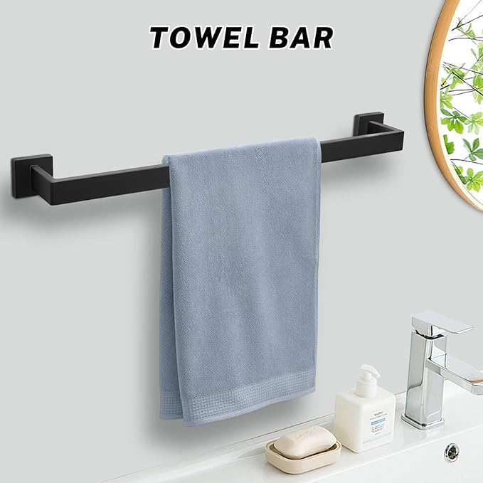 Matte Black Towel Bar Set 5-Piece Bathroom Hardware Accessories Set Includes 23.6 Inch Towel Bar,Toilet Paper Holder with Shelf,Square Towel Ring and Coat Hooks Stainless Steel Wall-Mounted