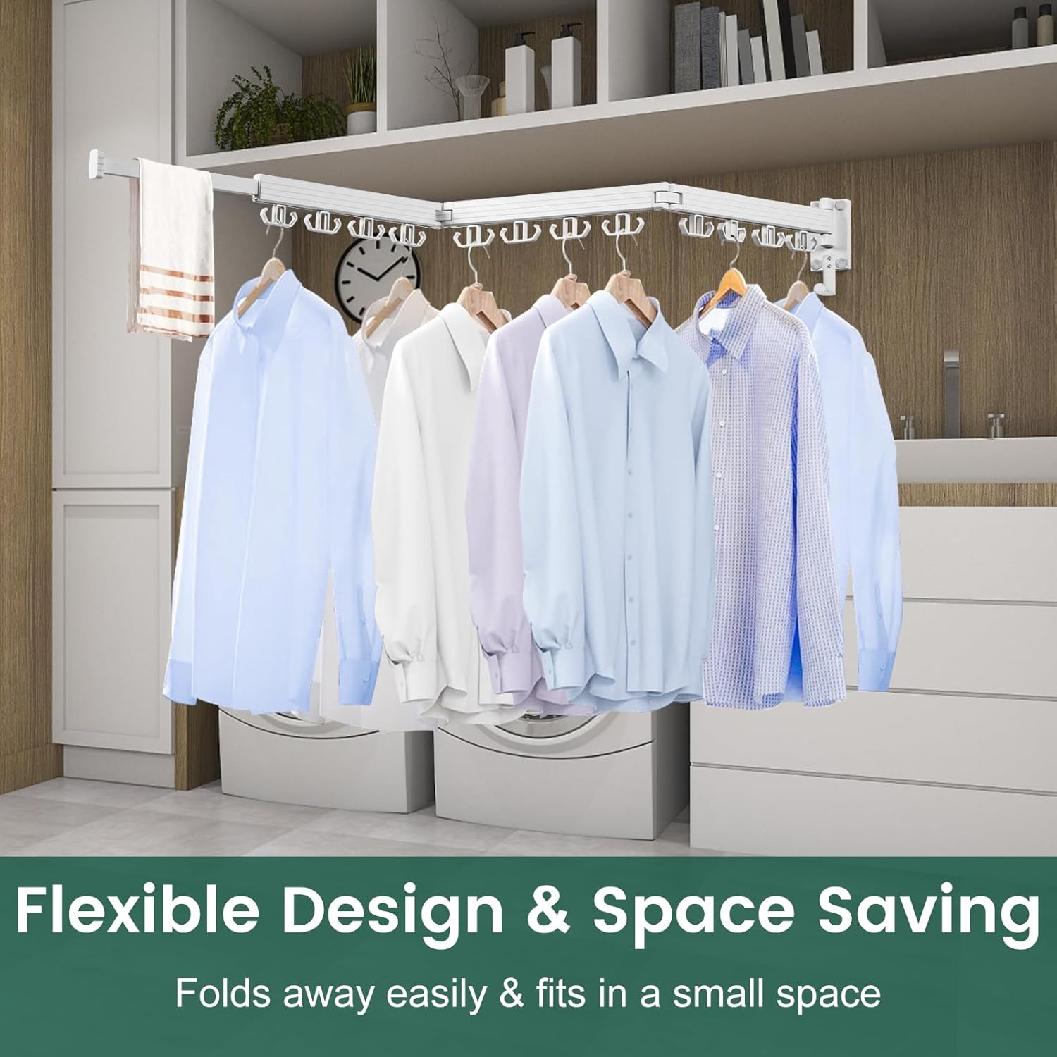 Wall Mounted Clothes Drying Rack, Laundry Drying Rack Wall Mount, 3-Fold Drying Rack Clothing, Foldable Clothes Drying Rack with 12 Dual Hooks Organization for Laundry Room Indoor - White