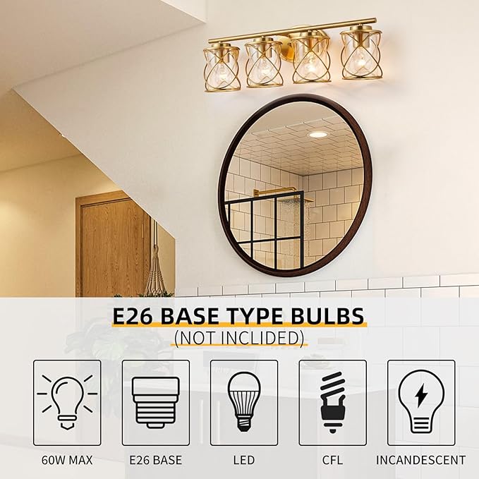 4-Lights Bathroom Light Fixtures, Brushed Gold Modern Vanity Light Over Mirror, Bathroom Wall Lamp for Mirror Kitchen Living Room Hallway Porch, Farmhouse Wall Lights with Clear Glass Cage Shade