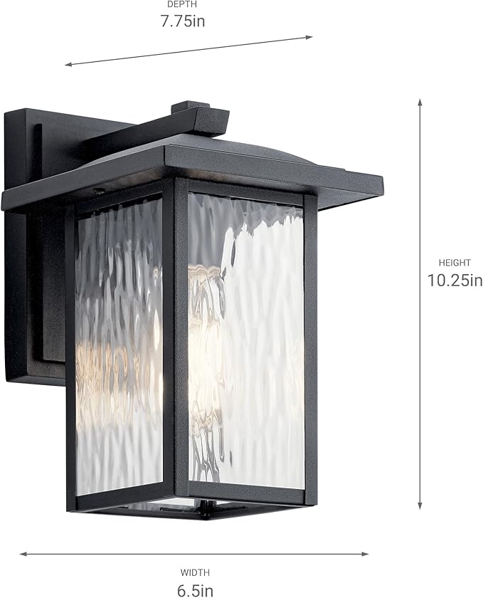 Kichler Capanna 10.25" Outdoor Wall Light in Black, 1-Light Exterior Wall Sconce Porch Light with Clear Water Glass, (10.25" H x 6.5" W), 49924BKT