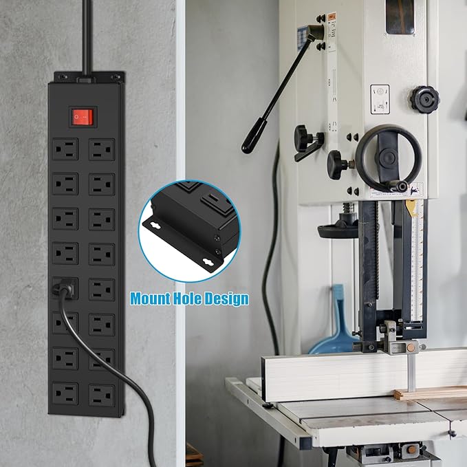 HHSOET Metal 16 Outlet Mountable Power Strip, Wall Mount Garage Workbench Socket, Gaming Table Surge Protector with 15 FT Power Cord.(Black)