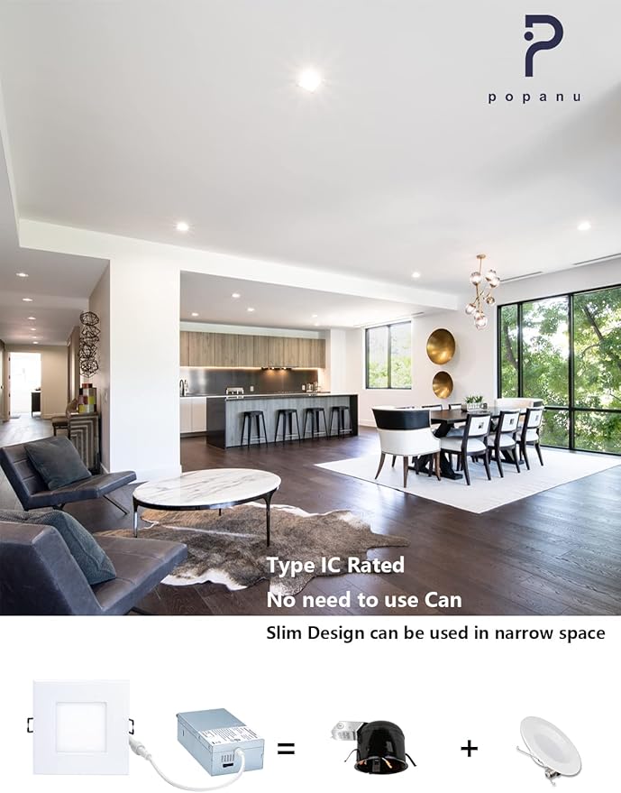 Recessed Lighting 4-inch Square-LED - Canless Recessed Light Fixture, Dimmable Ceilling Light with Junction Box, 2700|3000|3500|4000|5000K, 9W, White, 6P