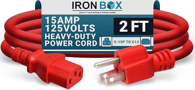 IronBox Electric - Heavy-Duty 5-15P to C13 Power Cord - 3 Prong 15A 125V 14/3 SJT PC Cable - Cord for Computer, Monitor, Subwoofer, Amplifier - Cable for Power Supply - (Red 2 Foot)