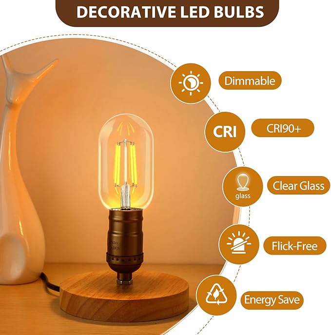 4 Pack T45 Dimmable LED Edison Bulbs, Vintage LED Filament Bulbs 4W Equivalent 40W, 110-130V E26 Base 2700K Warm White Light, CRI 90+ Clear Glass Small Bulbs, Great for Home Office Bar.