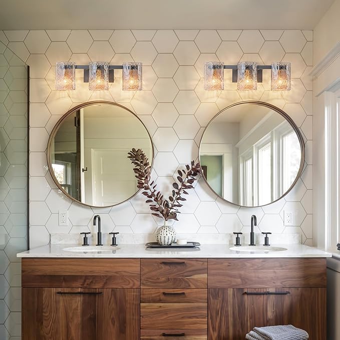 EDISLIVE Vintage Bathroom Vanity Light Black 3-Light Bath Wall Light Fixture with Ripple Block Shades Glass 23.6" E12 Antique Wall Sconce for Bedroom Hallway Living Room Vanity Mirror