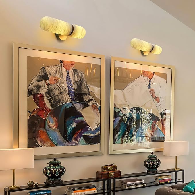 Alabaster Wall Sconces Set of Two, 13in Brass Alabaster Sconce, Modern Spanish Natural Marble Sconces Lights, Gold Sconces for Bathroom Vanity Bedroom Living Room Staircases Hallway