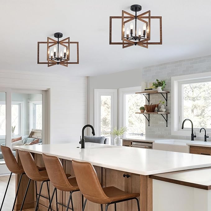 Modern Farmhouse Chandelier, 20'' Black and Wood Grain Dining Room Light Fixture, Geometric Pendant Light for Living Room Kitchen Bedroom Hallway, 6-Light Adjustable Hanging Chandelier Lamp